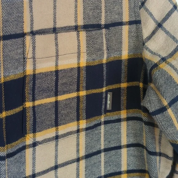 Eddie Bauer Men's Blue Yellow Tan Plaid Flannel Button Down Shirt Medium - Picture 3 of 8